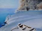 Картина маслом "лодка на снегу"
